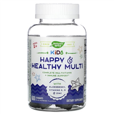 Nature's Way, Kids, Happy & Healthy Multi, мультивитамины для детей от 2 лет, малиновый вкус, 60 жевательных мармеладок