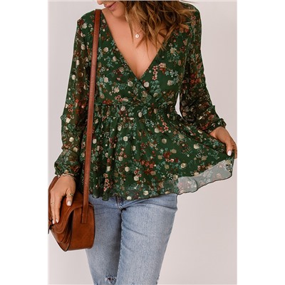 Green Floral Print Wrap V Neck Peplum Top