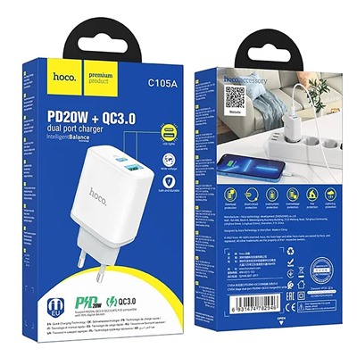 Адаптер Сетевой Hoco C105A PD QC3.0 USB/Type-C 20W (white)