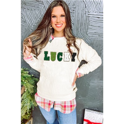 White LUCKY Chenille Embroidered Cable Knit Pullover Sweatshirt