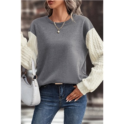 Dark Grey Cable Knit Sleeves Crew Neck Sweatshirt