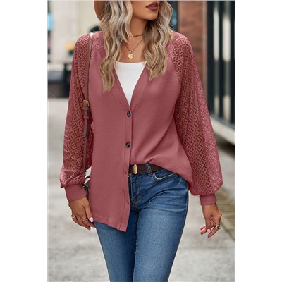 Waffled Knit Lace Long Sleeve Buttoned Cardigan