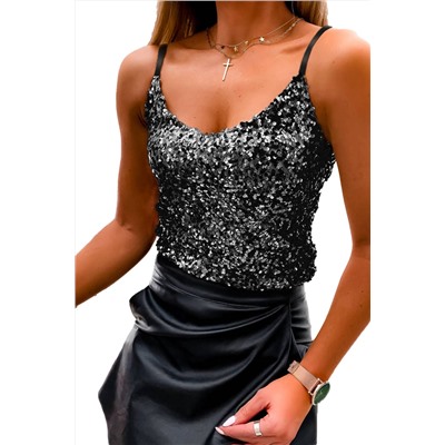 Black Sequined Adjustable Spaghetti Straps Tank Top