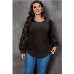 Black Plus Size Sequin Patchwork Crew Neck Long Sleeve Top