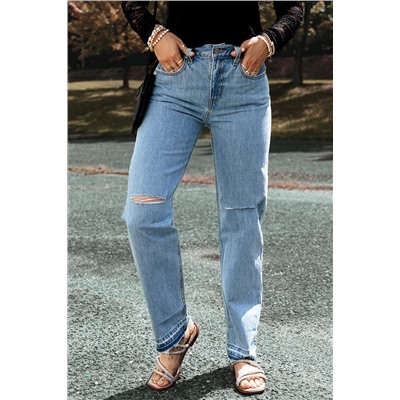 Light Blue Distressed Slit Leg Raw Edge Straight Jeans