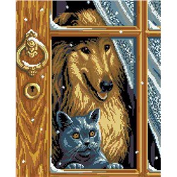 Канва с рисунком Ф-014 "Собака с кошкой у окна" 31.5х37.5 см