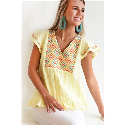 Yellow Geometric Embroidery Textured Top with Ruffles