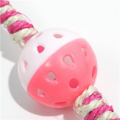 Дразнилка для кошек "Двойной пушок", с шариком и сизалевой обмоткой, 32 см, розовая/белая