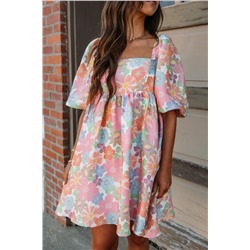 Pink Summer Floral Square Neck Puff Sleeve Babydoll Dress