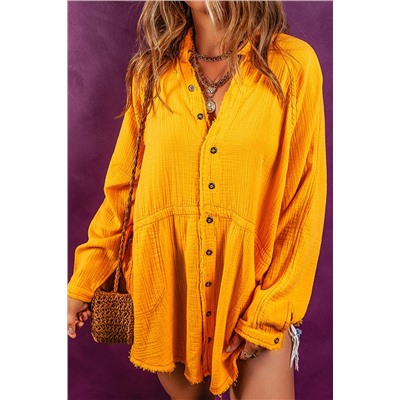 Oversized Crinkled Frayed Hem Tunic Shirt