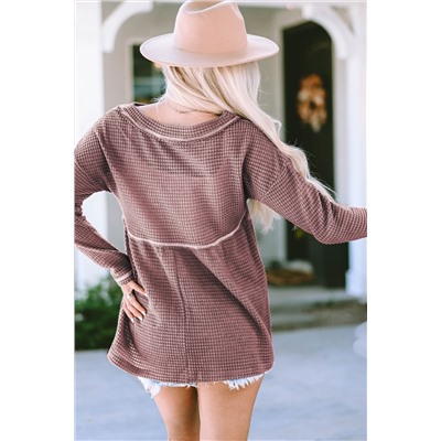 Pink Waffle Knit V Neck Long Sleeve Babydoll Top