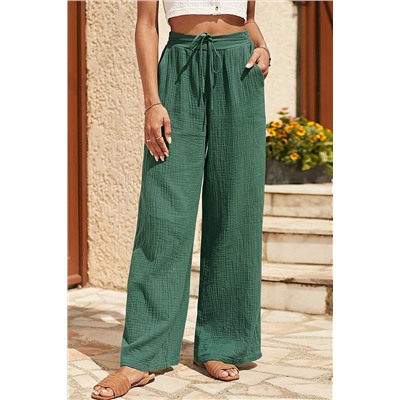 Mist Green Crinkle Textured Drawstring High Waist Wide Leg Pants