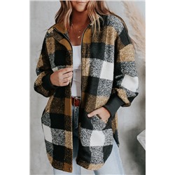 Black Zipper Side Pockets Plaid Overcoat