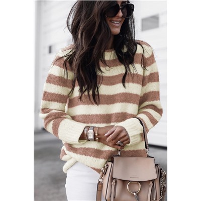 Brown Striped Round Neck Casual Sweater