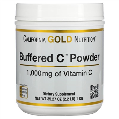 California Gold Nutrition, Buffered C Powder, некислый буферизованный витамин C в форме порошка, аскорбат натрия, 1000 мг, 1 кг (2,2 фунта)