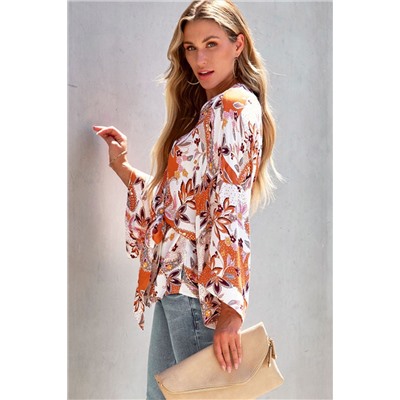 Orange Floral Wrap Kimono Blouse