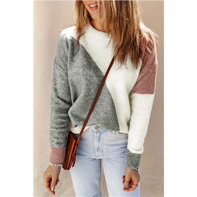 Gray Colorblock Ribbed Trim Round Neck Sweater