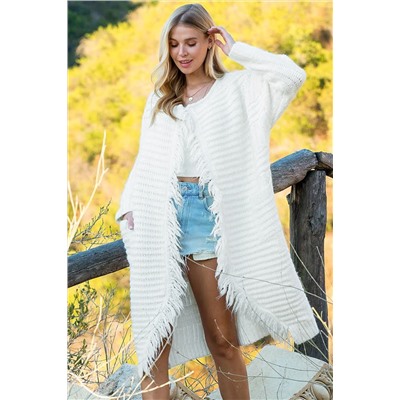 White Fringed Open Front Pocketed Long Cardigan