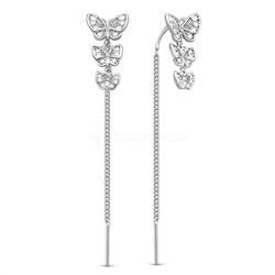 Серьги-продёвки длинные из серебра с фианитами родированные - Бабочки