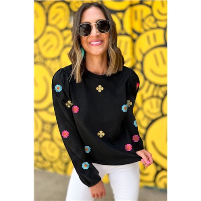 Black Floral Embroidered Puff Sleeve Top