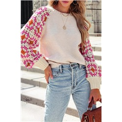 Rose Crochet Puff Sleeve Contrast Knit Sweater