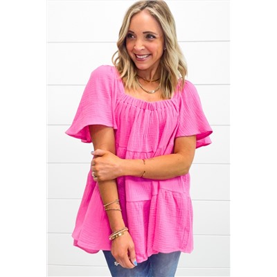 Bright Pink Textured Square Neck Flutter Sleeve Tiered Flowy Blouse