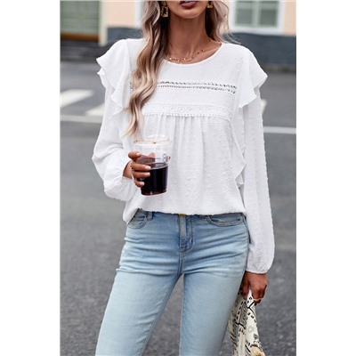 White Lace Eyelet Ruffle Shoulder Long Sleeve Blouse