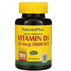 Nature's Plus, Витамин D3, 25 мкг (1000 МЕ), 180 капсул