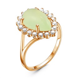 Кольцо женское из золочёного серебра с плавленым кварцем цвета зеленый агат и фианитами