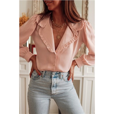 Pink Frilled Lapel Collar Button-Up Puff Sleeve Shirt