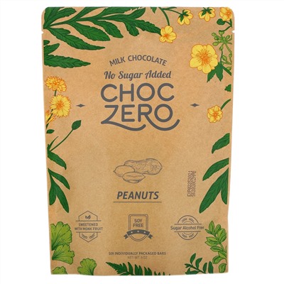 ChocZero, Milk Chocolate, Peanuts, No Sugar Added, 6 Bars, 1 oz  Each