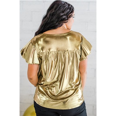 Gold Plus Size Floral Embroidered Short Sleeve Top