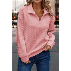 Peach Blossom Zip up Cable Textured Sweatshirt