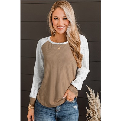 Light French Beige Lace Crochet Patch Long Sleeve Textured Top