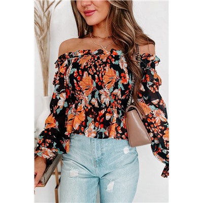 Black Off The Shoulder Smocked Floral Top