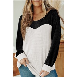 Black Contrast Color Waffle Knit Long Sleeve Top