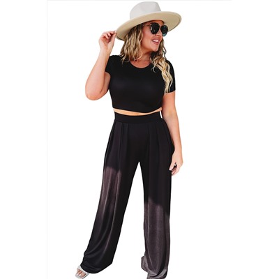 Black Plus Size Crop T-Shirt and Pleated Wide Leg Pants Set