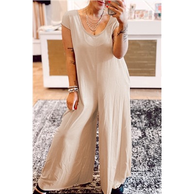 Light French Beige Cap Sleeve Round Neck Curvy Wide Leg Jumpsuit