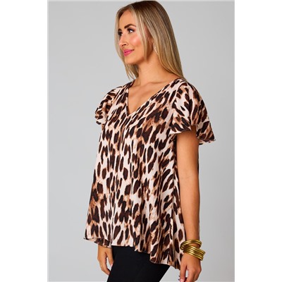 Brown Flutter Sleeves Leopard/Abstract Print V Neck Top