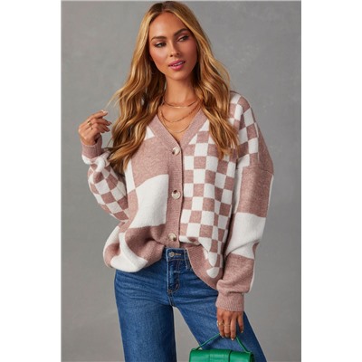 Chestnut Mix Checkered Button V Neck Knitted Cardigan