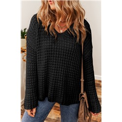 Black Hollow-out Crochet V Neck Sweater