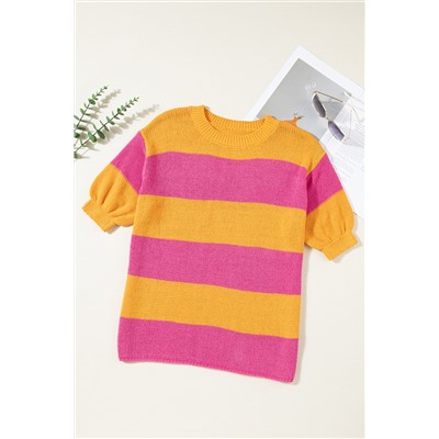 Orange Stripe Color Block Knitted T-shirt Sweater