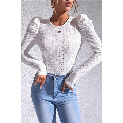 White Jacquard Textured Puff Sleeve O-Neck Top