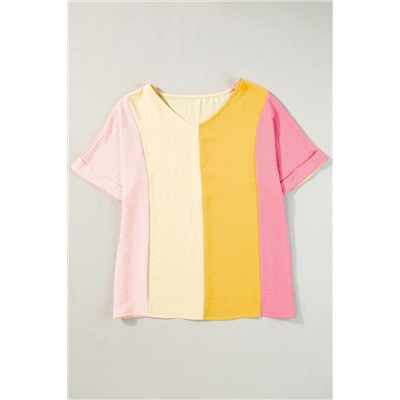 Apricot Crinkled Colorblock Patchwork V Neck T Shirt