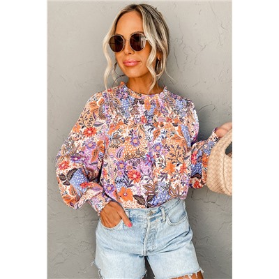 Multicolour Floral Bishop Sleeve Frilled Round Neck Blouse