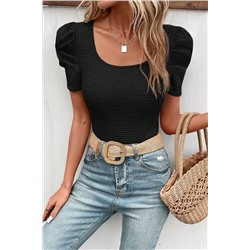 Black Waffle Knit Ruched Puff Sleeve Top