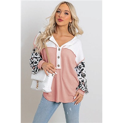 Pink Leopard Sleeve Patchwork Waffle Knit Top