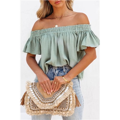 Green Off Shoulder Textured Ruched Ruffle Blouse