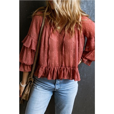 Red Swiss Dot Lace up V Neck Ruffled Blouse
