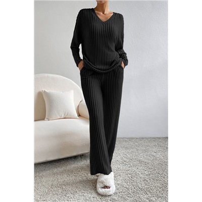 Black Ribbed Knit V Neck Slouchy Two-piece Outfit